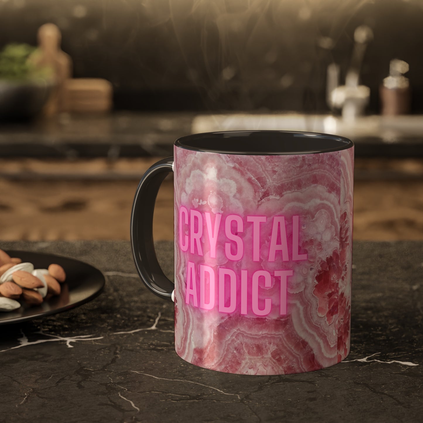 Crystal Addict Colorful Mugs, 11oz Crystal & Mineral Addict, Rhodocrosite, Coffee Cup, Tea Mug, Pink Mug