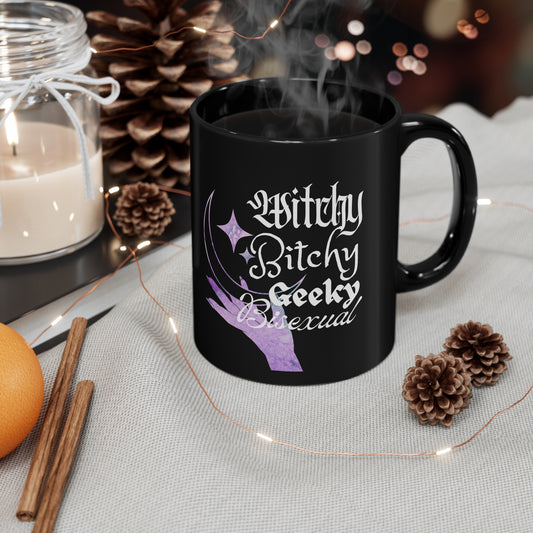 Witchy, Bitchy, Geeky, Bisexual 11oz Black Mug | funny mug | geeky mug | gothic mug | witchy mug