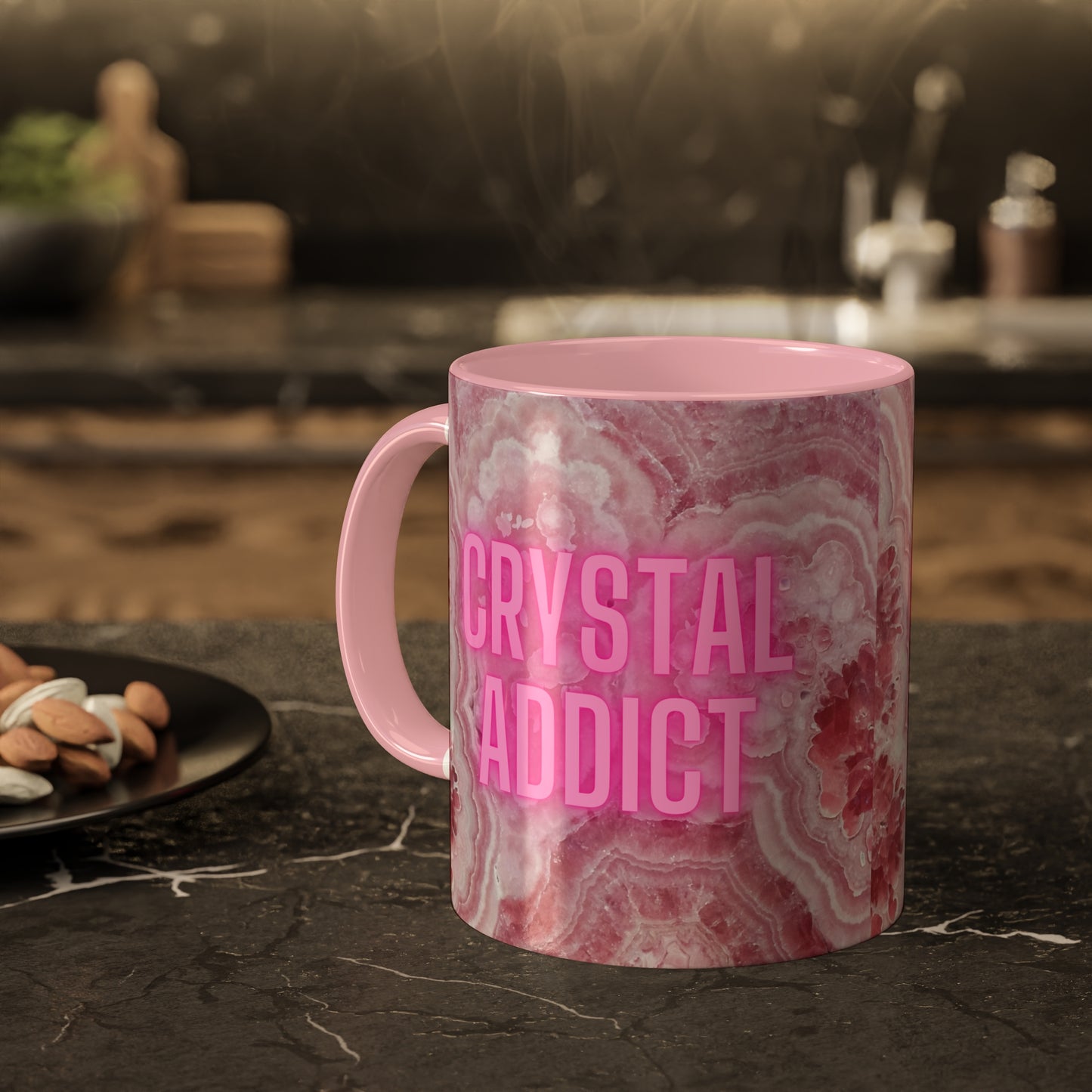 Crystal Addict Colorful Mugs, 11oz Crystal & Mineral Addict, Rhodocrosite, Coffee Cup, Tea Mug, Pink Mug