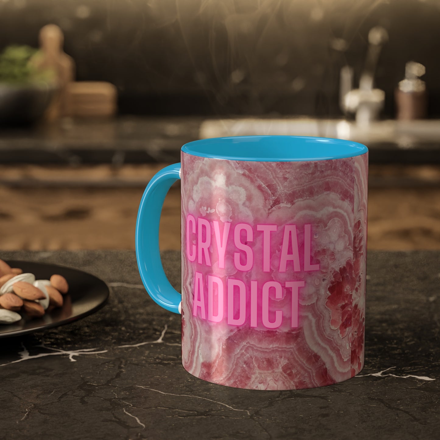 Crystal Addict Colorful Mugs, 11oz Crystal & Mineral Addict, Rhodocrosite, Coffee Cup, Tea Mug, Pink Mug