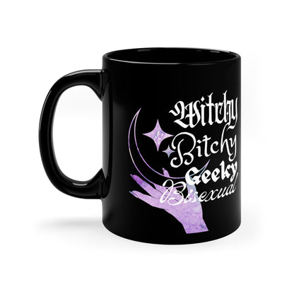 Witchy, Bitchy, Geeky, Bisexual 11oz Black Mug | funny mug | geeky mug | gothic mug | witchy mug