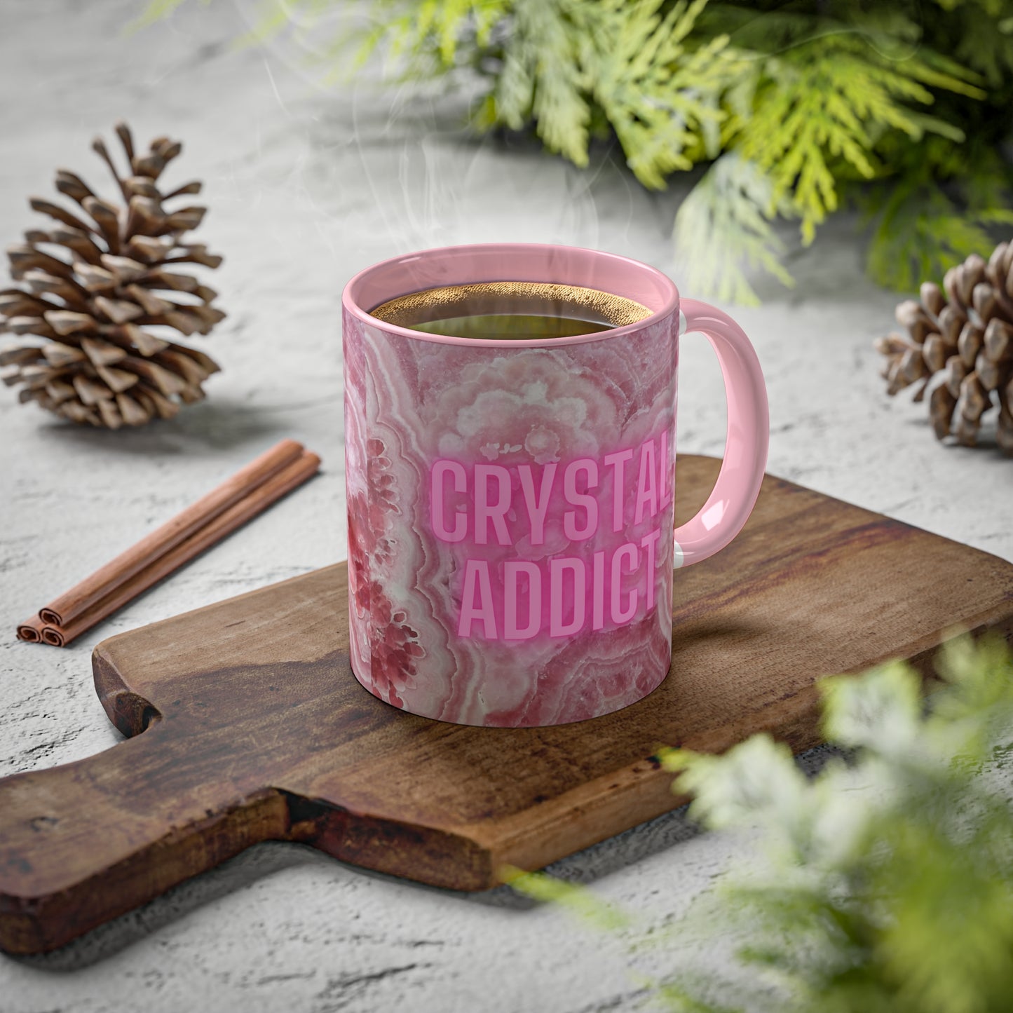 Crystal Addict Colorful Mugs, 11oz Crystal & Mineral Addict, Rhodocrosite, Coffee Cup, Tea Mug, Pink Mug